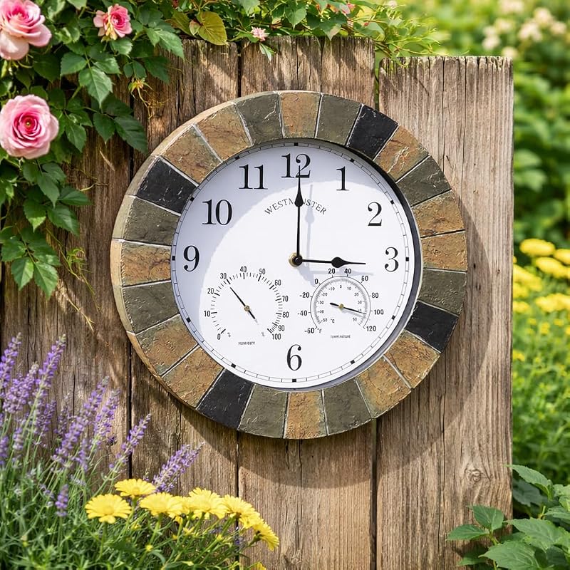 HomeZone Outdoor 38cm Clock and Thermometer Garden Wall Clock