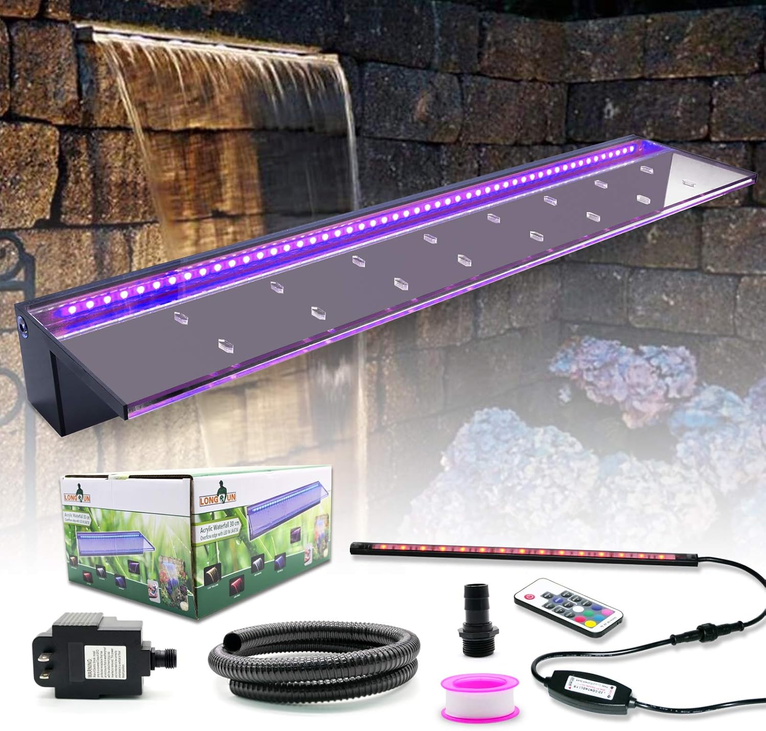 LONGRUN Acrylic Spillway Waterfall Multi-Color Controllable LED Light Water Pool Fountain with 47.2” PVC Tube Fountains Kit for Swingming Pond Garden Outdoor-35.4