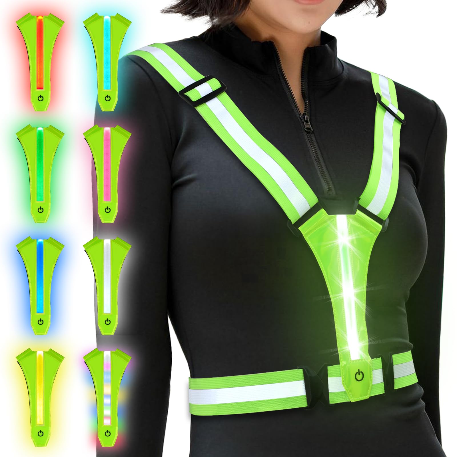 Ainiv LED Reflective Vest Running Gear, 8 Lights Colors Illuminated, USB-C Rechargeable, High Visibility Safety Vest with Adjustable Waist/Shoulder, Light Up Vest for Night Dog Walking Cycling (Green)