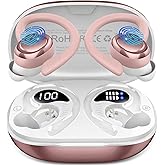 Hupoaf Wireless Earbuds Sport, New Bluetooth 5.4 Headphones with Earhooks, 50H Stereo Deep Bass Over Ear Buds with 4 ENC Noise Canceling Mics, IP7 Waterproof Earphones for Running Workout Gym -Rose