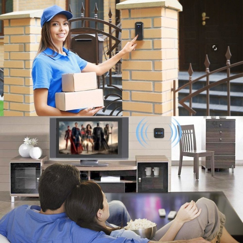 Wireless Doorbell,Waterproof Chime Kit Operating at 1000ft with 1 Push Button Transmitter（Battery included）and 2 plug-in Receivers,55 Chimes,45 Level Volume LED Indicator -Black