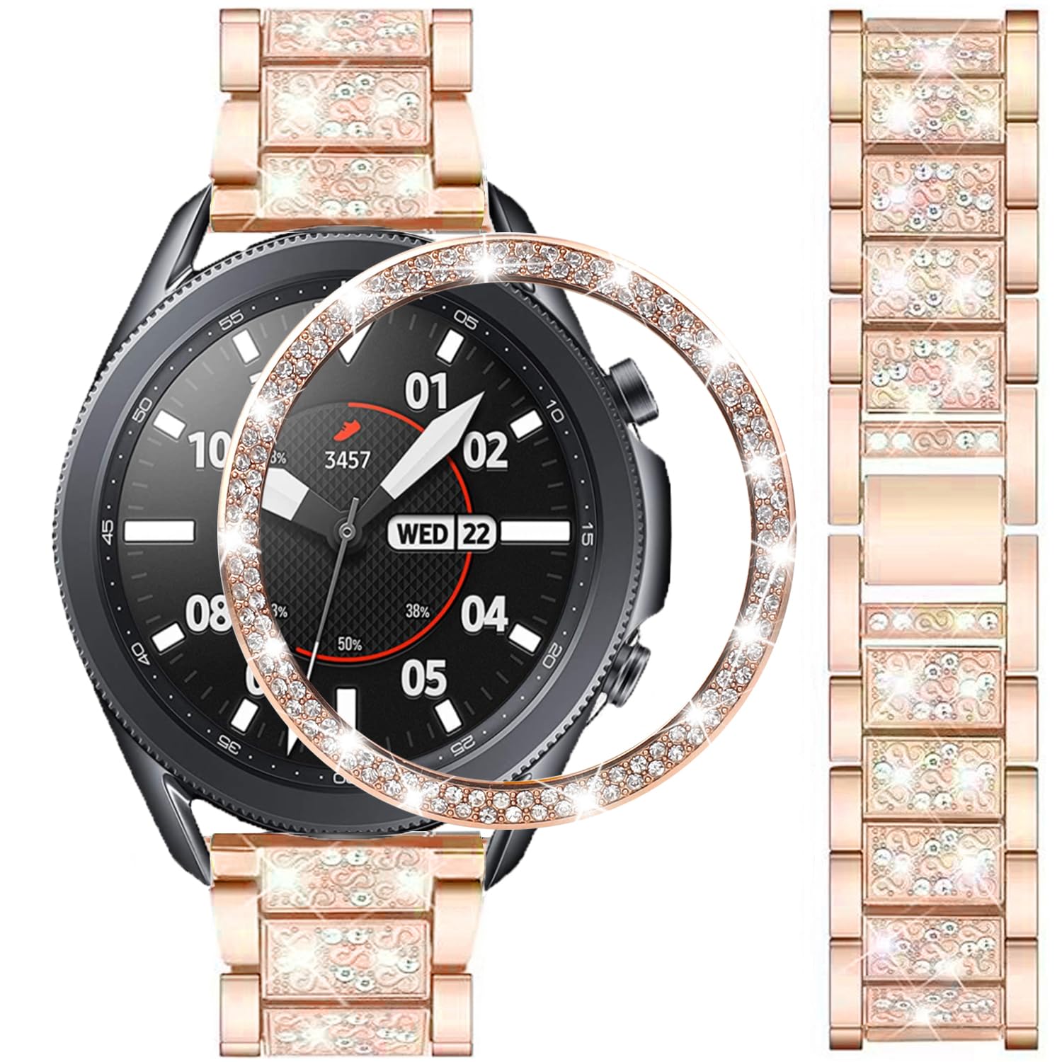 DEALELE Strap Compatible with Samsung Galaxy Watch 3 45mm, 22mm Elegant Diamond Stainless Steel Metal Strap with Strass Bezel Ring Cover Replacement for Women Men, Rosegold