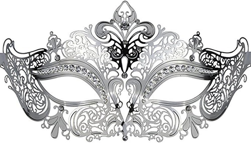 Luxury Masquerade Mask Shiny Metal Rhinestone Venetian Pretty Party Evening Fancy Dress Christmas Halloween Prom Mask (Silver)