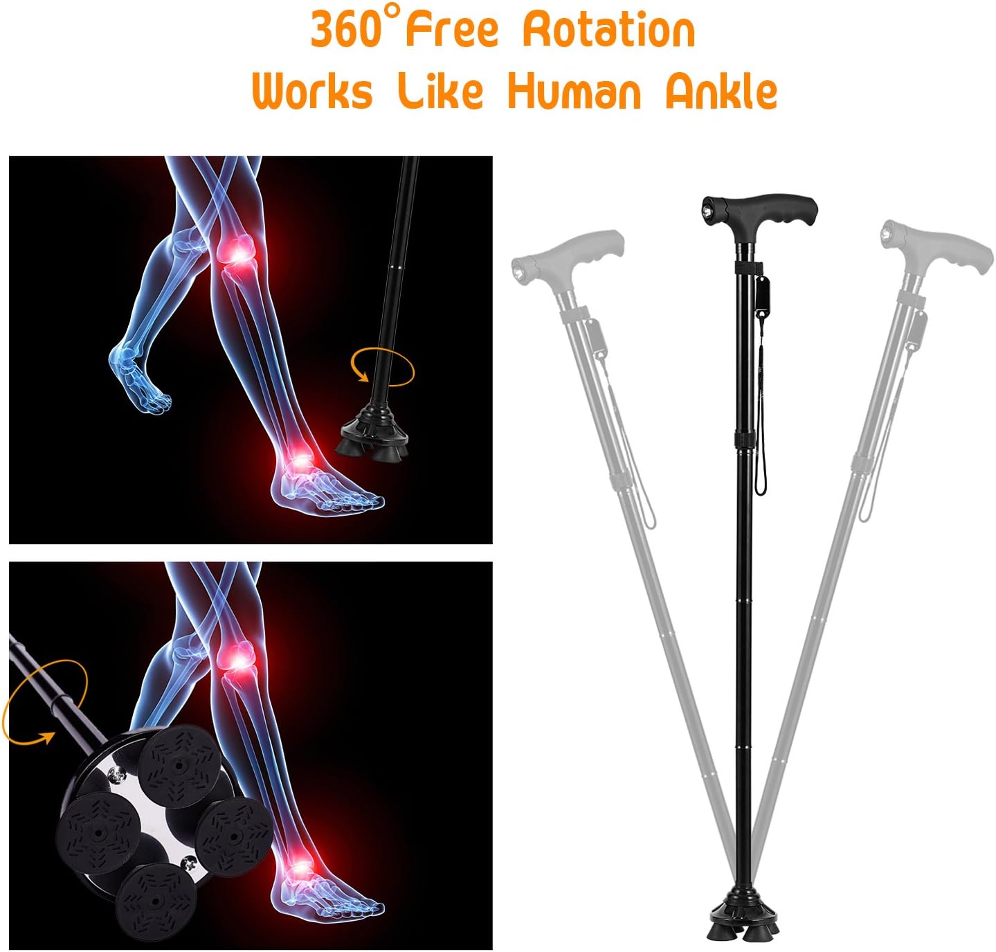 BigAlex Folding Walking Cane with LED Light,Pivoting Quad Base,Adjustable Walking Stick with Carrying Bag for Man/Woman: Health & Personal Care