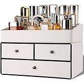 GORESE Leather Makeup Organizer with Drawers for Vanity, Stackable Skincare Holder Dresser Organizer Countertop, Make Up Storage Organizers Counter Cosmetic Display Case Gifts for Women(Cream White)