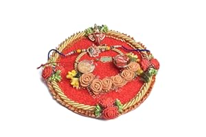 CRAFTSMAN SATVIK Rakhi Puja Thali Set Platter For Brother Bhaiya Bhabhi with 2 Designer Rakhi Thread, Greeting Card Roli Chawal & Ram Sita Sticker Indian Festive Decorative Raksha Bhandhan Pujan Plate Set
