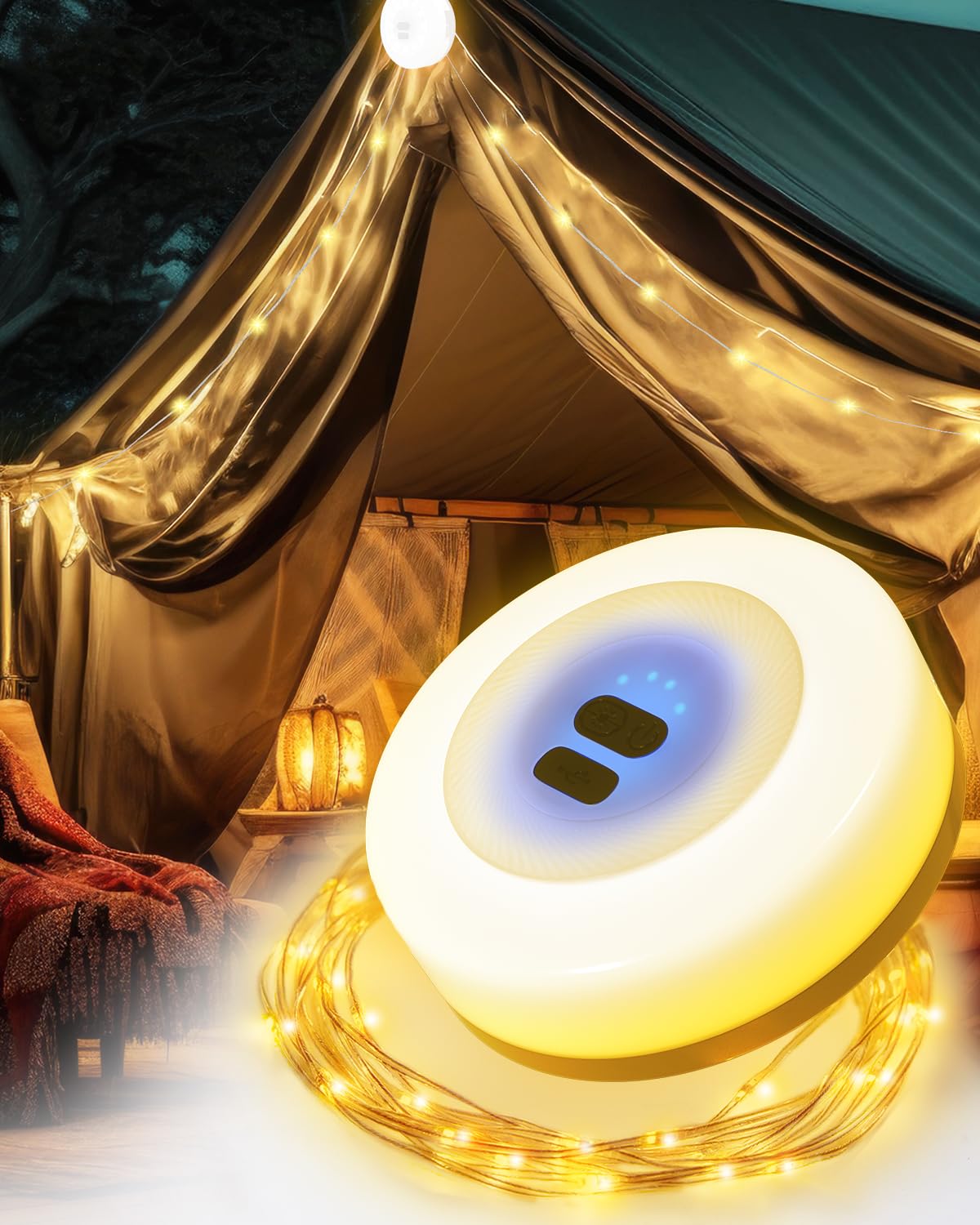 Camping String Lights 2-in-1 Outdoor Waterproof Portable Stowable String Light with 7 Lighting Modes, 32.8FT USB Rechargeable Tent Lights for Yard, RV, Camping