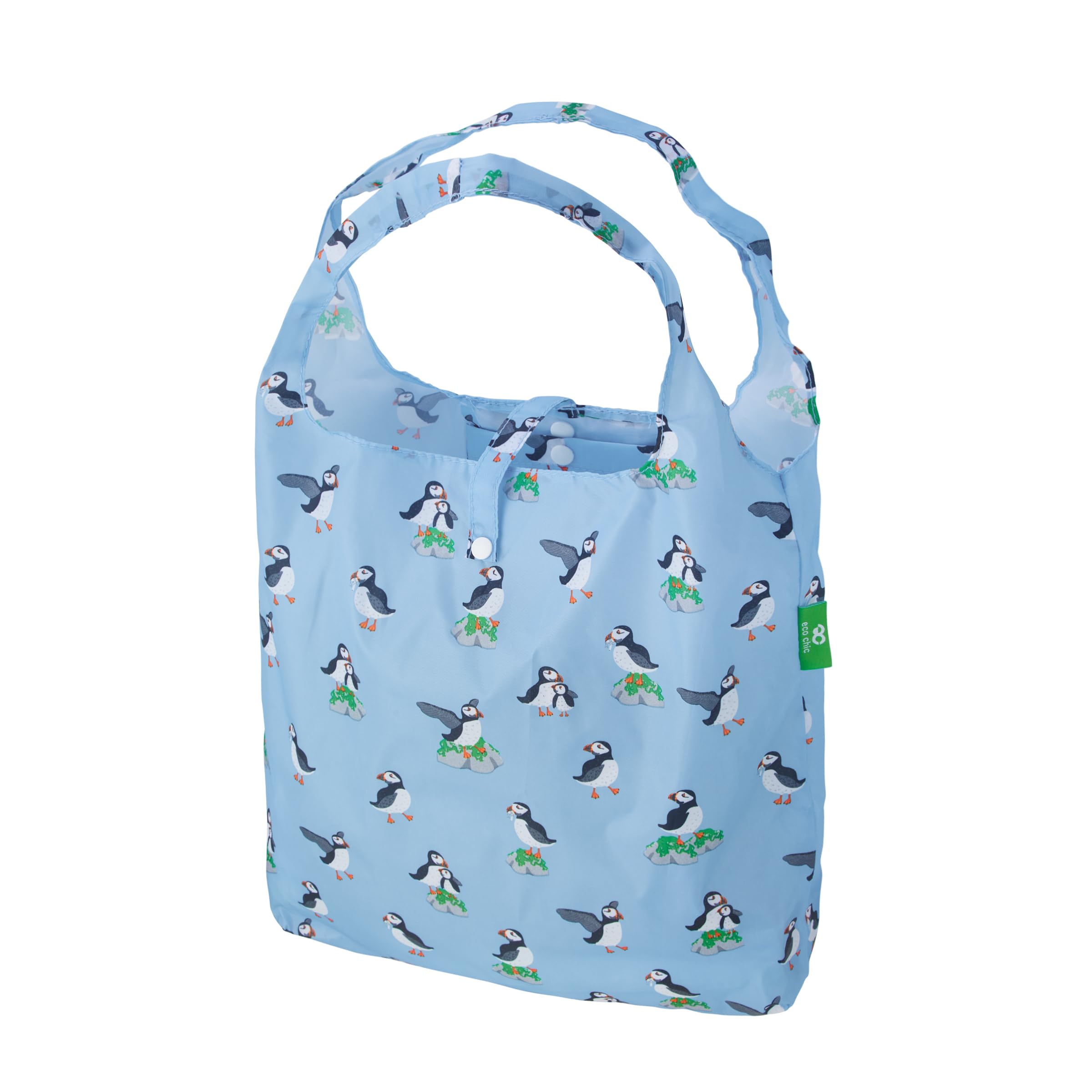 Eco Chic Lightweight Foldable Reusable Shopping Bag Water Resistant Tote Bag (Multi Puffin Blue) — image 1