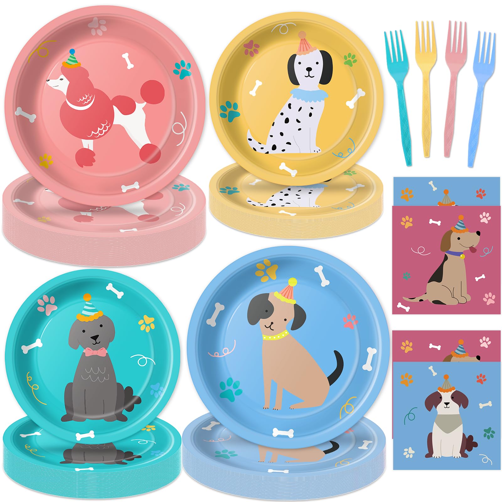 Photo 1 of 100Pcs Puppy Dog Themed Party Decorations Puppy Birthday Disposable Paper Plates Napkins Colorful Dog Themed Tableware Set for 25 Guests Pet Dogs Birthday Baby Shower Dinnerware Party Supplies Decor