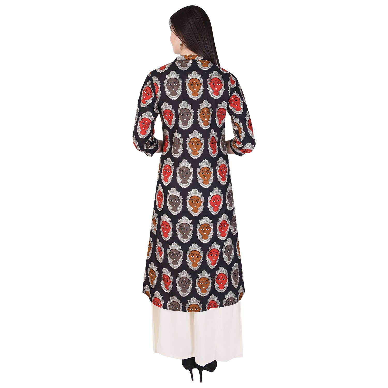 indiwest rayon printed black-off-white women's kurti ( with pocket)with rayon solid palazzo