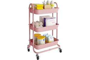 Elitehouse 3-Tier Pink Utility Rolling Cart,Kitchen Storage Carts with Wheels and Plastic Baskets,Pink Rolling Cart for Office,Home,Kitchen,Garden（18"x11.4"x31.2"）