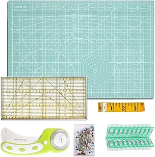 A3 Schneidematte Set + Stoffschneider Rollschneider + Patchwork-Lineal + Stoffklammer (20 Stück) + Stecknadeln (50 Stück) + Schneidermaßband (300cm) 6tlg- Schneidematte Starter Set (Minzgrün Neu)
