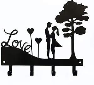 Love Couple Key Holder | Key Holder for Wall | Key Rack Organizer for Entryway and Kitchen - Wall Mount | Housewarming Gift | 4 Hook Key Holder | Black Metal Key Hanger