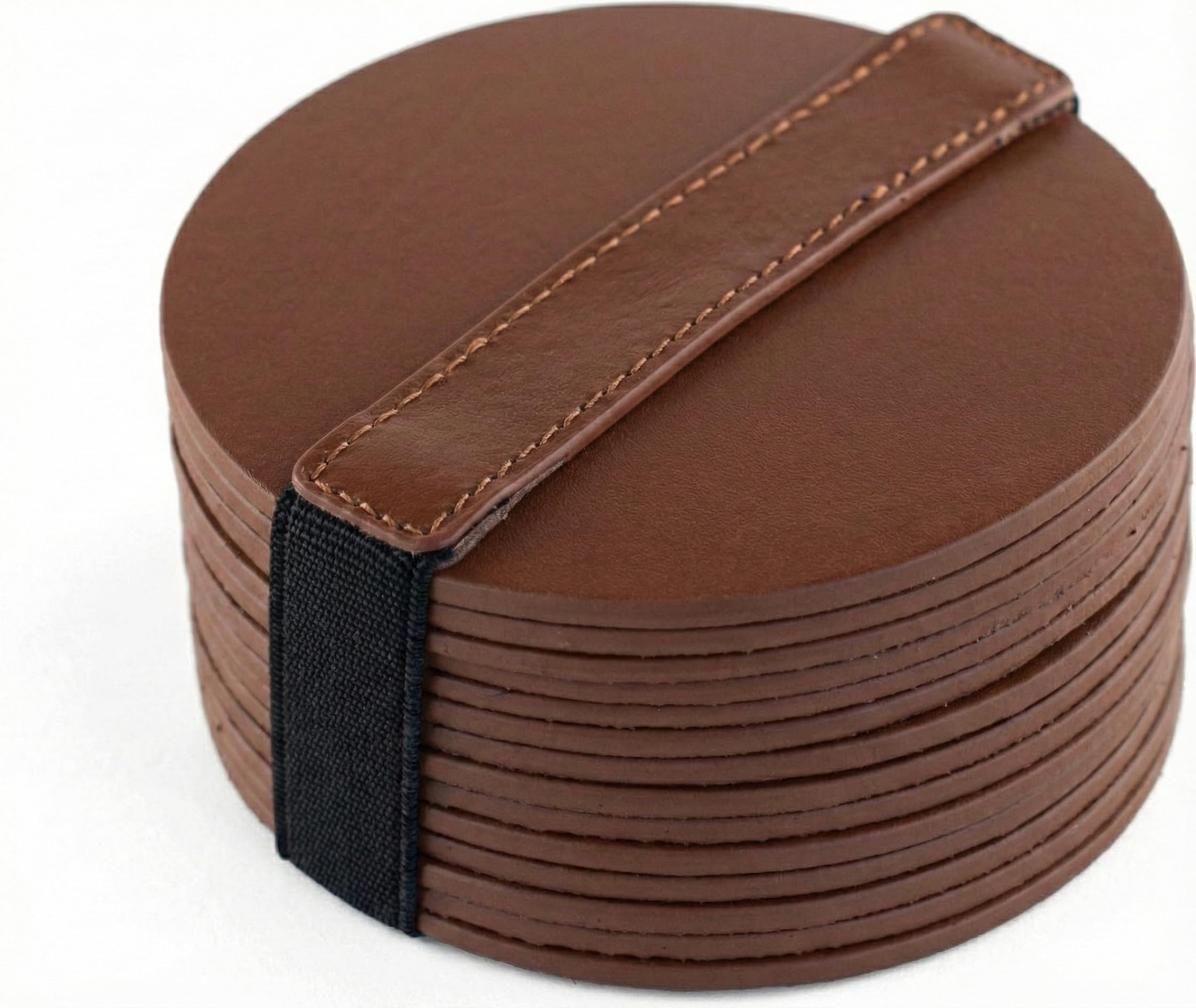 Brute Strength - Full grain leather coasters - Cognac - Round - 14 pcs - Round coaster for glass - Coasters for drinks - includes holder