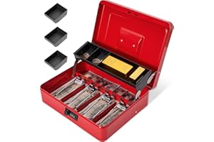 Polspag Cash Box with Combination Lock, Metal Money Box with Cash Tray, Lock Safe Box, 4 Bill/5 Coin Slots, 11.8L x 9.5W x 3.5H Inches, Red