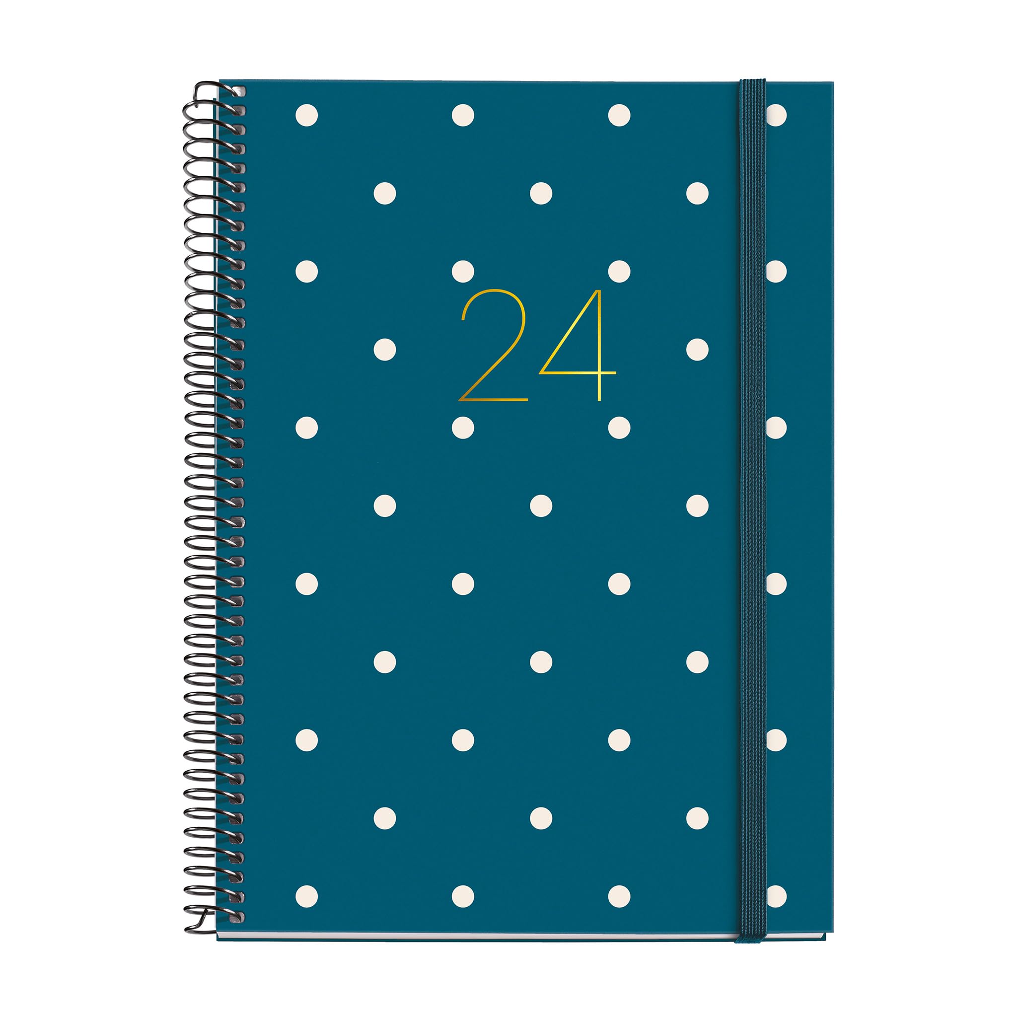 Miquelrius - Annual Diary 2024, Week to View, Plus Size 155 x 213 mm (similar A5), Hard Cover, Spiral Binding, Elastic Closure, Spanish, English and Portuguese, Polka Dots with Gold Stamping