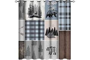 Kazynee Rustic Bear Deer Ultra Soft Premier Blackout Curtains,Retro Farmhouse Forest Animals Blue Plaid CheckThermal Insulated Bedroom Noise Reducing Patio Door Grommet Top,2 Panels 72L x 31.5W