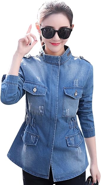 stand collar zip up denim jacket