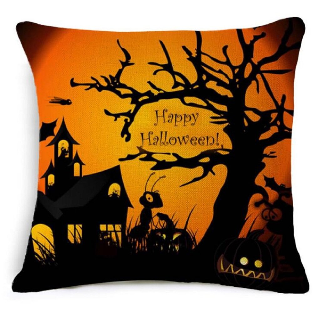 Decorative Square Throw Pillow Case Cushion Cover Bat Pumpkin Happy Halloween,Pumpkin,Horror House,Witch, Grave yard 4Pcs pack
