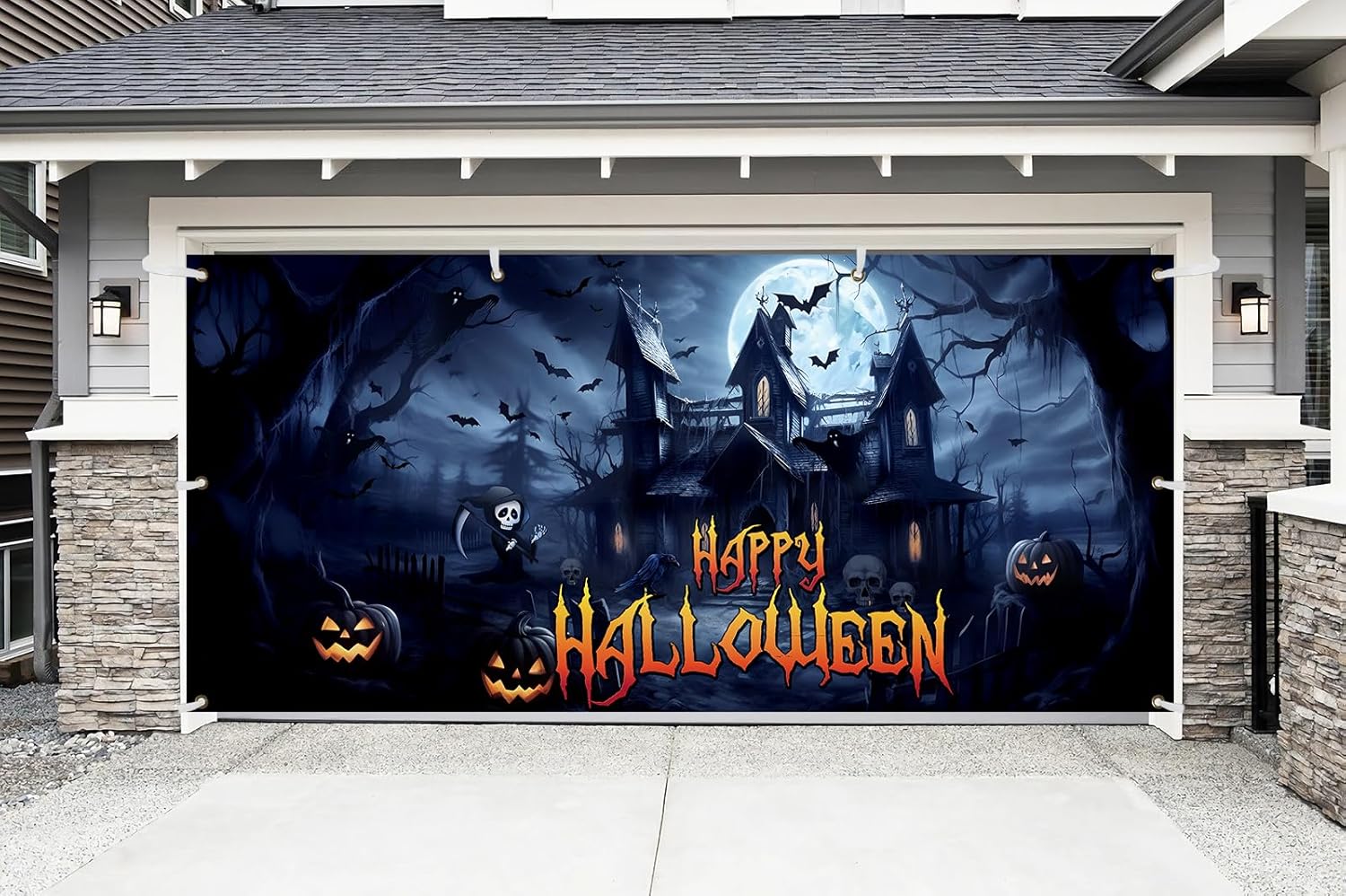 Garage Door Decorations - Halloween Garage Door Decorations, Spooky Garage Door Banner Cover with Grommets 6 x 13 ft Bloody Backdrop Creepy Ghost Horror Outdoor,HAPPY HALLOWEEN/Navy
