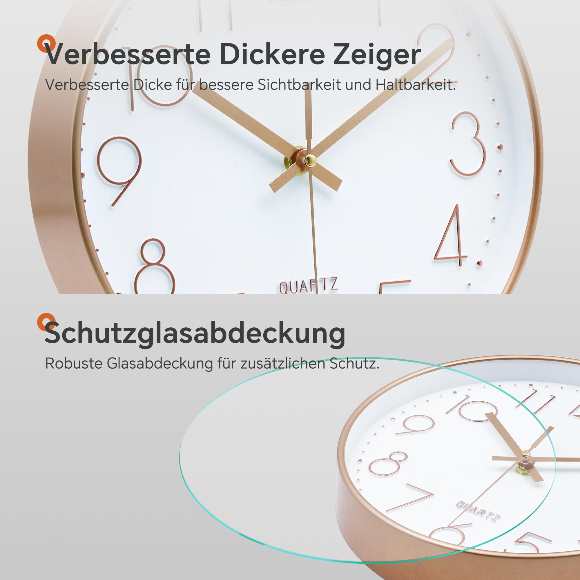 VIKMARI Modern Wanduhr Rund Roségold Geräuschlos Batteriebetrieben Glas Wanduhr für Wohnzimmer Schlafzimmer Büro Küche, 25cm 4