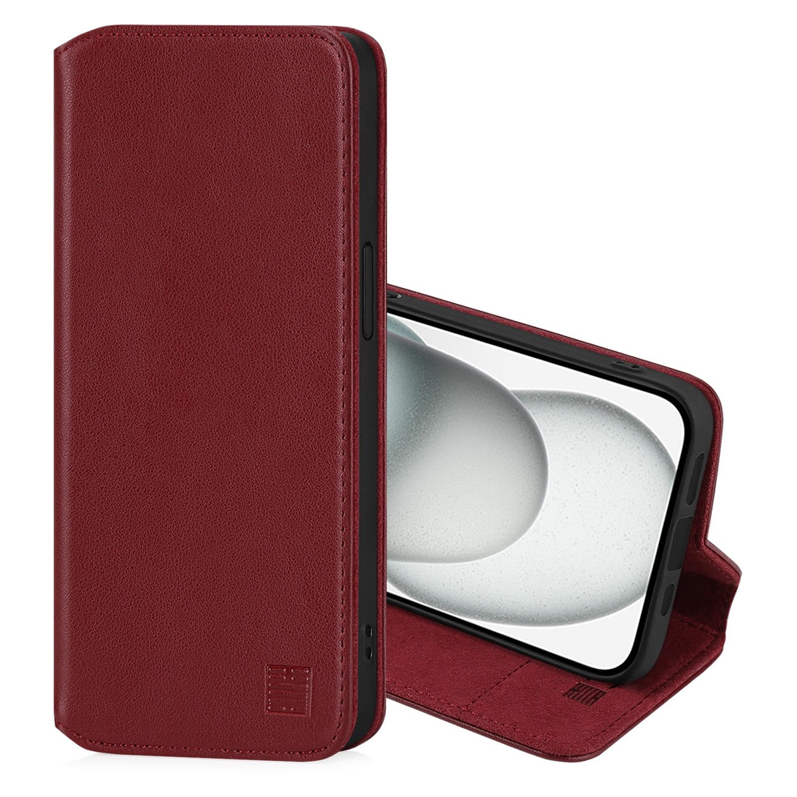 32nd Classic Series 2.0 - Real Leather Book Wallet Flip Case Cover For Apple iPhone 15 (6.1"), With RFID Blocking Card Slot, Magnetic Closure and Built In Stand - Burgundy