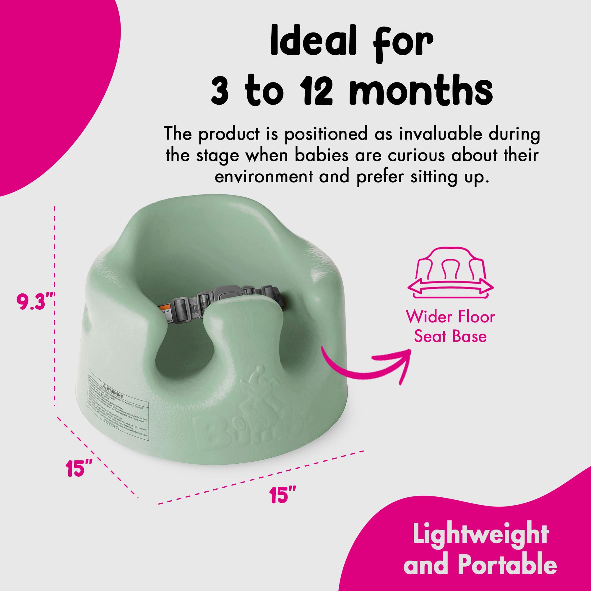Bumbo Baby Infant Soft Foam Comfortable Support Wide Floor Seat with 3 Point Adjustable Harness for Ages 3 to 12 Months, Hemlock