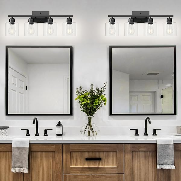 FAISHILAN MODERN 4 LIGHT BATHROOM LIGHT FIXTURES, 24 INCH BLACK VANITY LIGHTS FOR BATHROOM WITH CLEAR GLASS, BATHROOM VANITY LIGHT FOR MIRROR KITCHEN LIVING ROOM HALLWAY CABINET PORCH