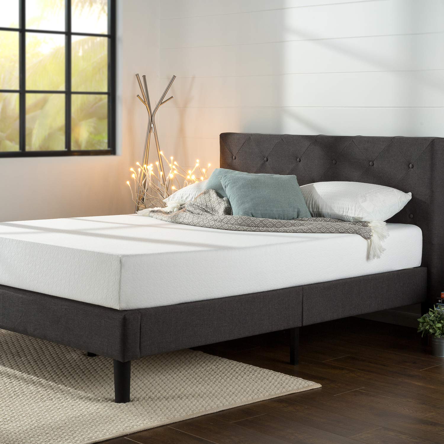 King Zinus Shalini Upholstered Diamond Stitched Platform Bed / Mattress Foundation / Easy Assembly / Strong Wood Slat Support / Dark Grey, King