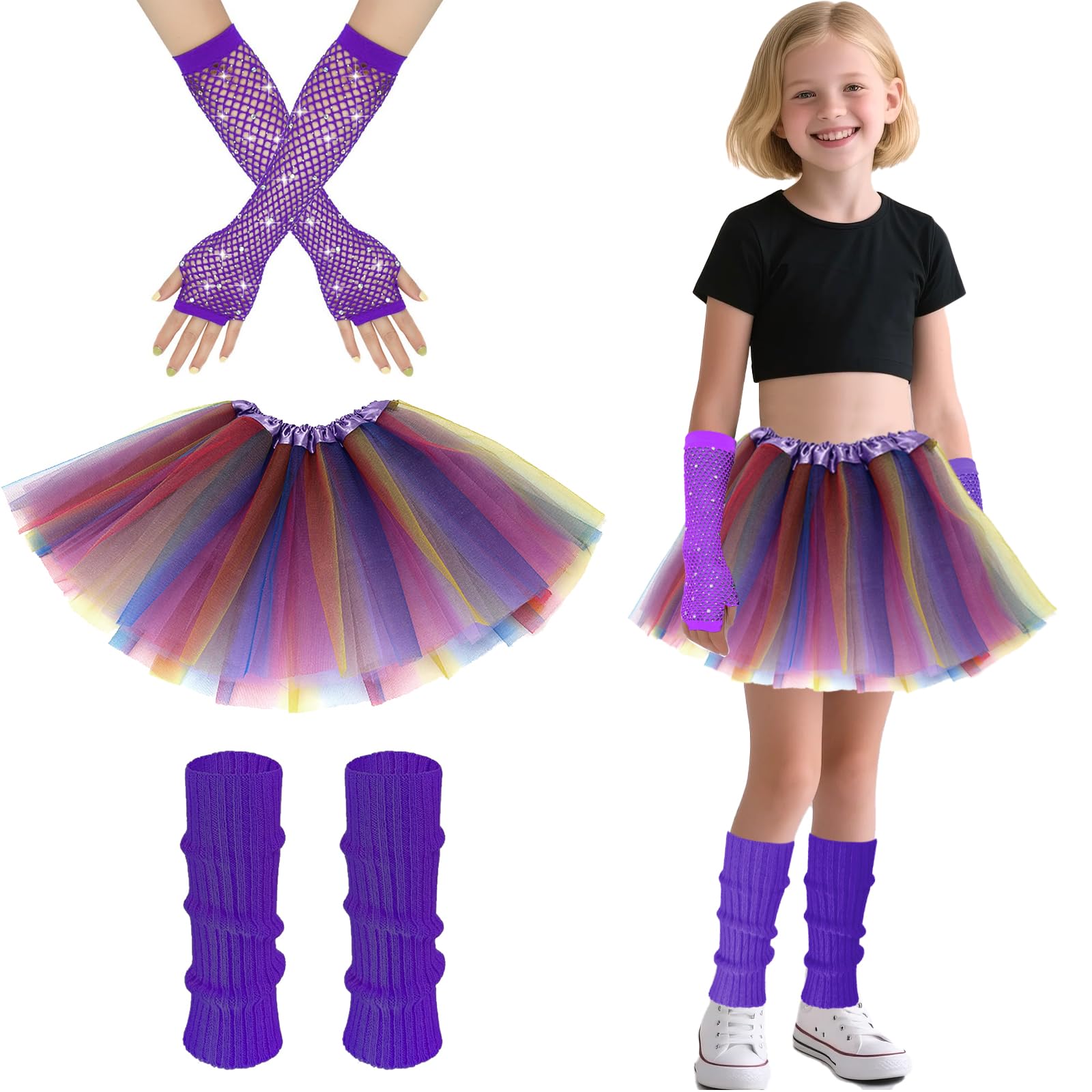 80s Fancy Dress for Kids Rockstar Costume, 80s Outfits Kids Neon Tutu Set Girls Leg Warmers Fishnets Gloves and Fancy Dress Tutu for 1980s Theme Party Disco Party Costume Carnival Gathering (Purple) — image 1