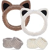 2 Pack Cat Ear Spa Headband Wrist Band Set Cute Animal Face Wash Headbands Washing Face Elastic Fluffy Headband Soft Coral Fleece Hair Accessory for Women Girl Stuff Makeup Skincare Cosmetic Christmas