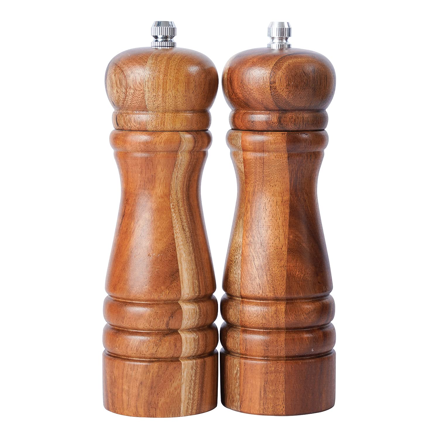 DeroTeno Salt and Pepper Mill Set, Set of 2 Salt and Pepper Grinder with Ceramic Grinder, Acacia Wood, Height 16.5 cm