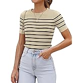 ZESICA Women's Short Sleeve Crewneck Striped T Shirt 2026 Summer Ribbed Knit Slim Fit Casual Basic Tee Tops