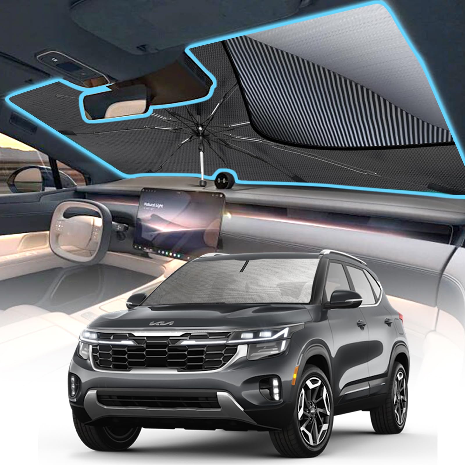 Photo 1 of [2025 Upgrade] Windshield Sun Shade Umbrella, Foldable Car Sun Shade with Vinyl Coating Heat Shield UV Ray Reflector Keeps Cool and Protect Interior, for Auto Trucks Sedan SUV (61" x 31")