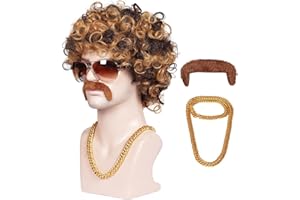 ColorGround 3-Pieces Chain and Moustache and Short Curly Wig for 70'S Disco Party (Brown with Blonde(3 pieces set))