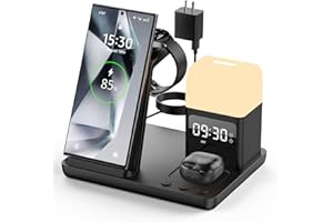 FEILTIK Wireless Charger for Samsung/Android Charging Station, 6 in 1 Fast Watch Charger with Alarm Clock-Night Light, Compatible for Galaxy S25 Ultra/S24, Only for Samsung Watch8/7, Galaxy Buds3 Pro(Black)
