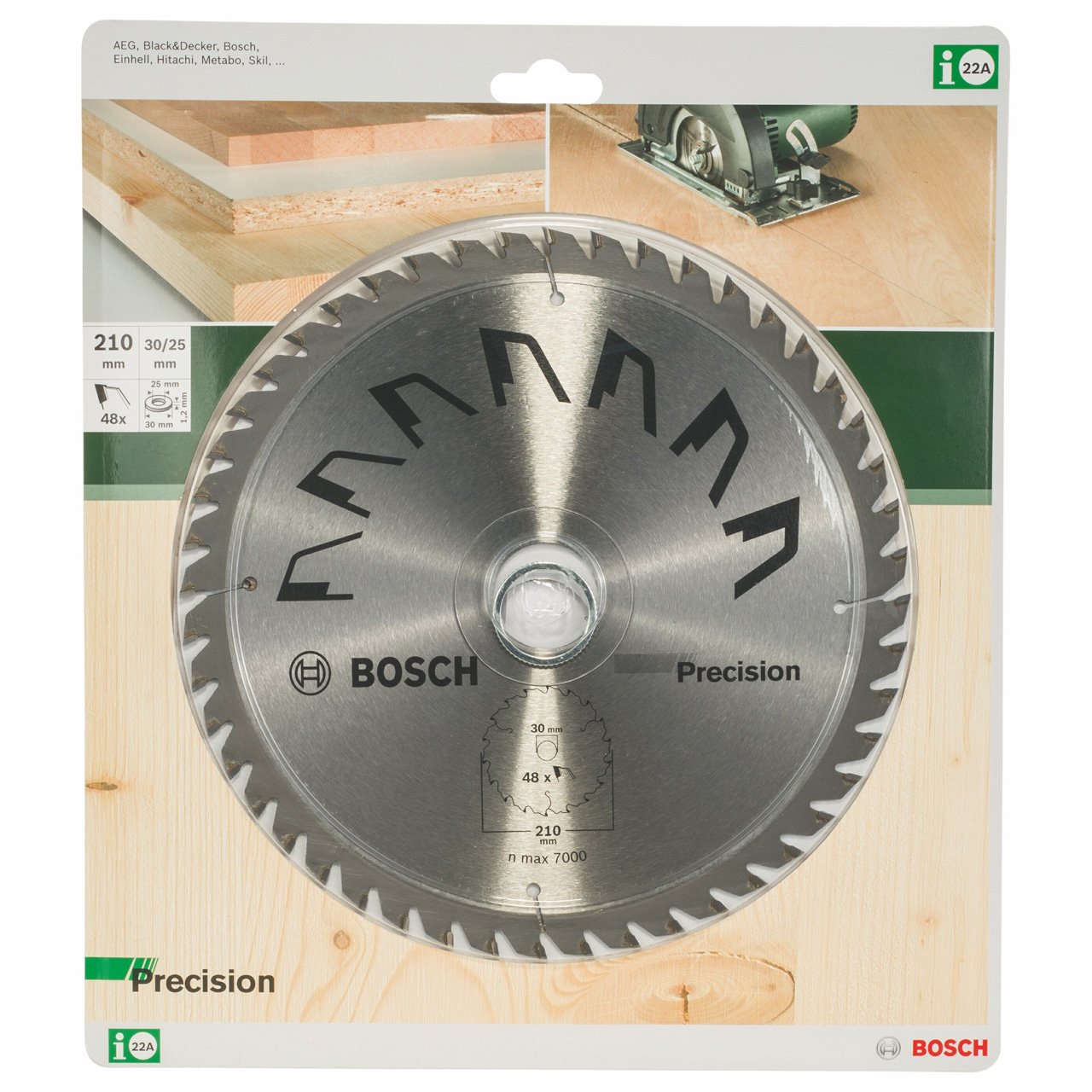 Bosch 1x Circular Saw Blade Precison (for Wood, Ø 210 x 2.5/1.5 x 30/25 mm, 48 Teeth, ATB, with 1x Reduction ring 25 mm, Accessories for Circular Saws)