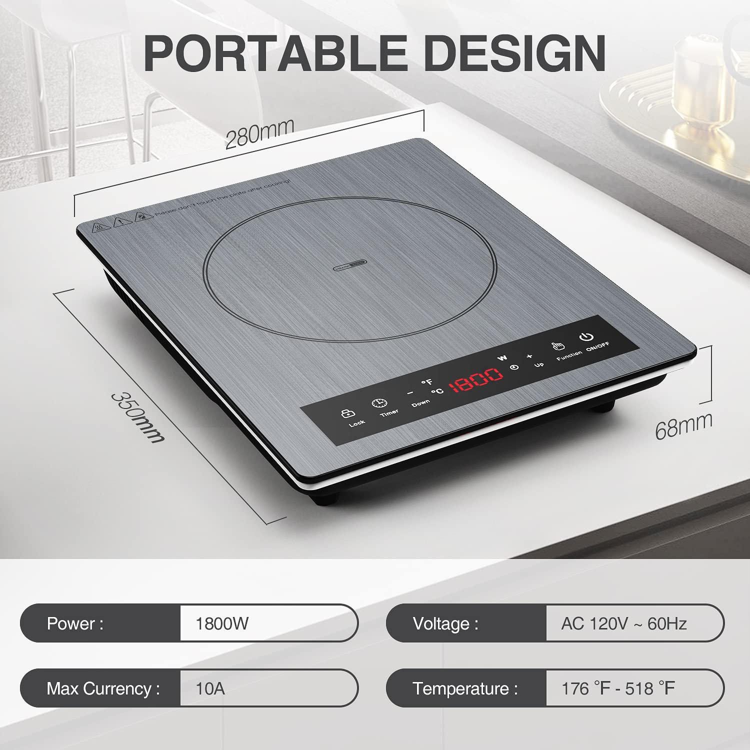Portable Induction Cooktop 110v,1800W Countertop Single Burner Induction Hot Plate,ANHANE Electric Stove for Cooking,3-Hour Setting,Grey Crystal Glass Surface,Compatible with Magnetic Cookware