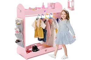 JOYLDIAS Kids Dress Up Storage with Mirror, Kid Armoire W/Side Hook Pockets, Pretend Storage Closet for Kids, Costume Dress-up Wardrobe W/Top Shelf Shoes Storage for Bedroom Girls Room, Pink