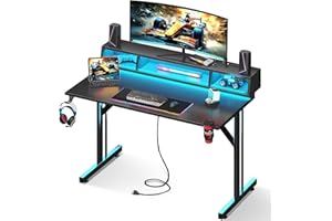 MOTPK 40 inch Gaming Desk with LED Lights & Power Outlets, Small Computer Gaming Table with Float Monitor Stand, Kids Boys Desk with Carbon Fiber Texture