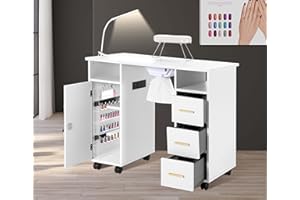EtherealZYF Manicure Table for Technician with Charging Station, Nail Table Nail Desk w/Electric Dust Collector & Wrist Rest Cushion, Non-Woven Drawers, Nail Polish Shelves, Lamp White