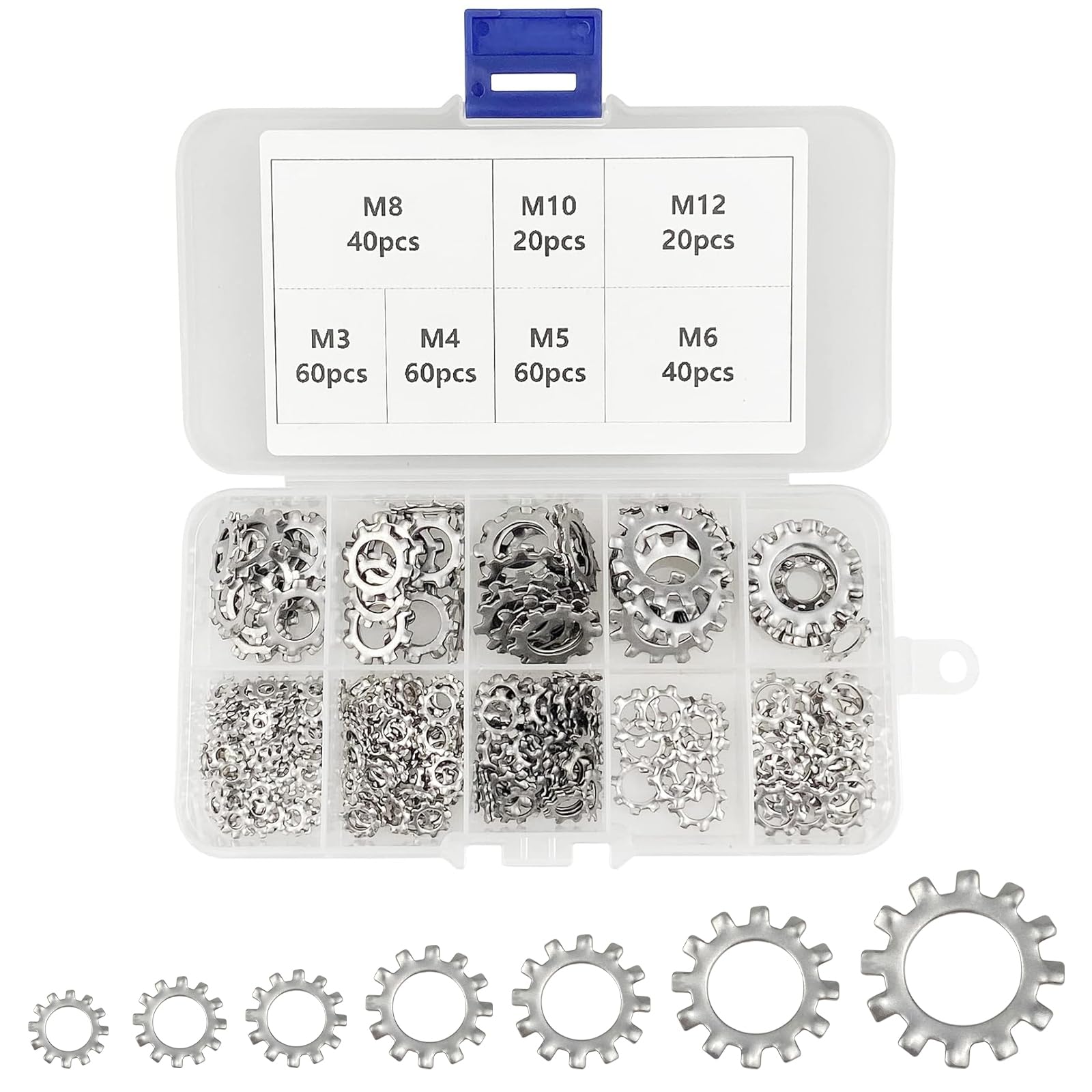 Boloest 300pcs 7 Sizes M3-12 304 Stainless Steel External Star Tooth Lock Washers