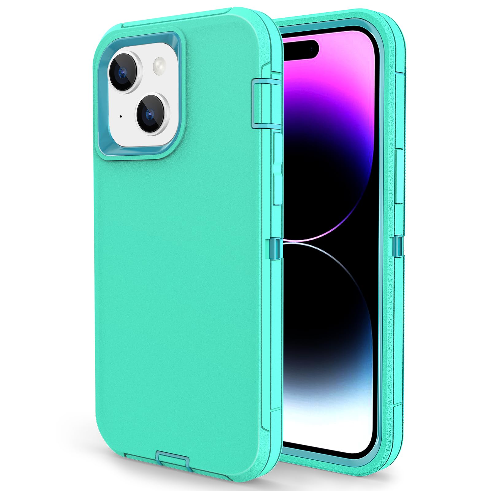 Compatible with iPhone 15, Dual Layer Shockproof Full Body Cover Military Grade Drop Protection Heavy Duty Phone Case for Apple iPhone 15/14/13 6.1 inch (Turquoise/Light Blue)
