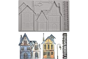 CAREGENE Victorian Houses Silicone Mold, Vintage Buildings Fondant Mold with Lamp Post, 7.95 x 4.92 inches, Gray