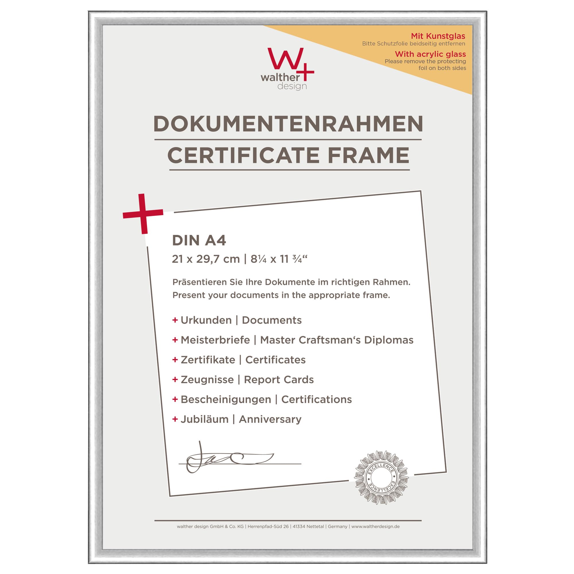 walther Design Picture Frame Silver 21 x 29,7 cm (DIN A4) with Art Glass Double Pack, New Lifestyle Plastic Frame KVX130SD