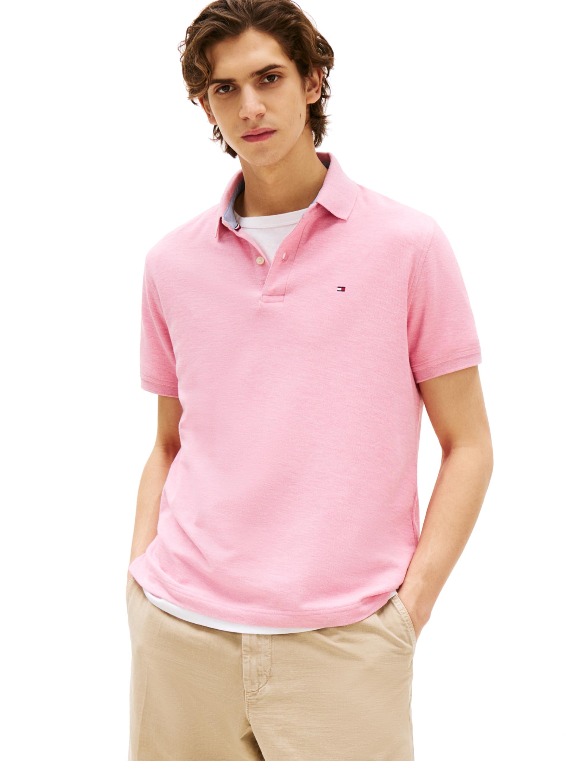 Tommy Hilfiger Mens Short Sleeve Moisture Wicking Stretch with Quick Dry + Uv Protection Polo Shirt, Light Red Heather, X-Large US Image