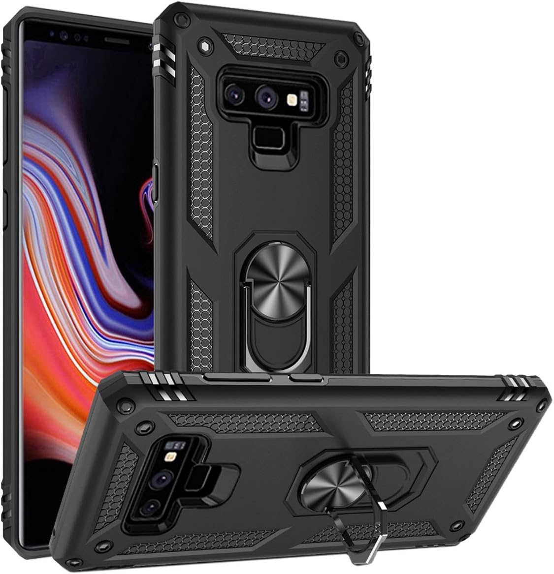 Galaxy Note 9 Case Military Grade Drop Impact Tested Armor 360 Metal Rotating Ring Kickstand Holder Built-in Car Mount Silicone TPU Shockproof Anti-Scratch Full Body Protective Cover for Note 9(Black)
