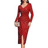 Bbonlinedress Women Maxi Long Split V Neck Wrap Wedding Guest Dress Long Sleeve Glitter Sequin for Gowns Cocktail