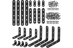 Hilitchi 24 Pack Stainless Steel Black L Bracket Corner Brace and Straight Bracket with Screws Corner Fastener for Shelves Steel Joints Support Assortment Kit