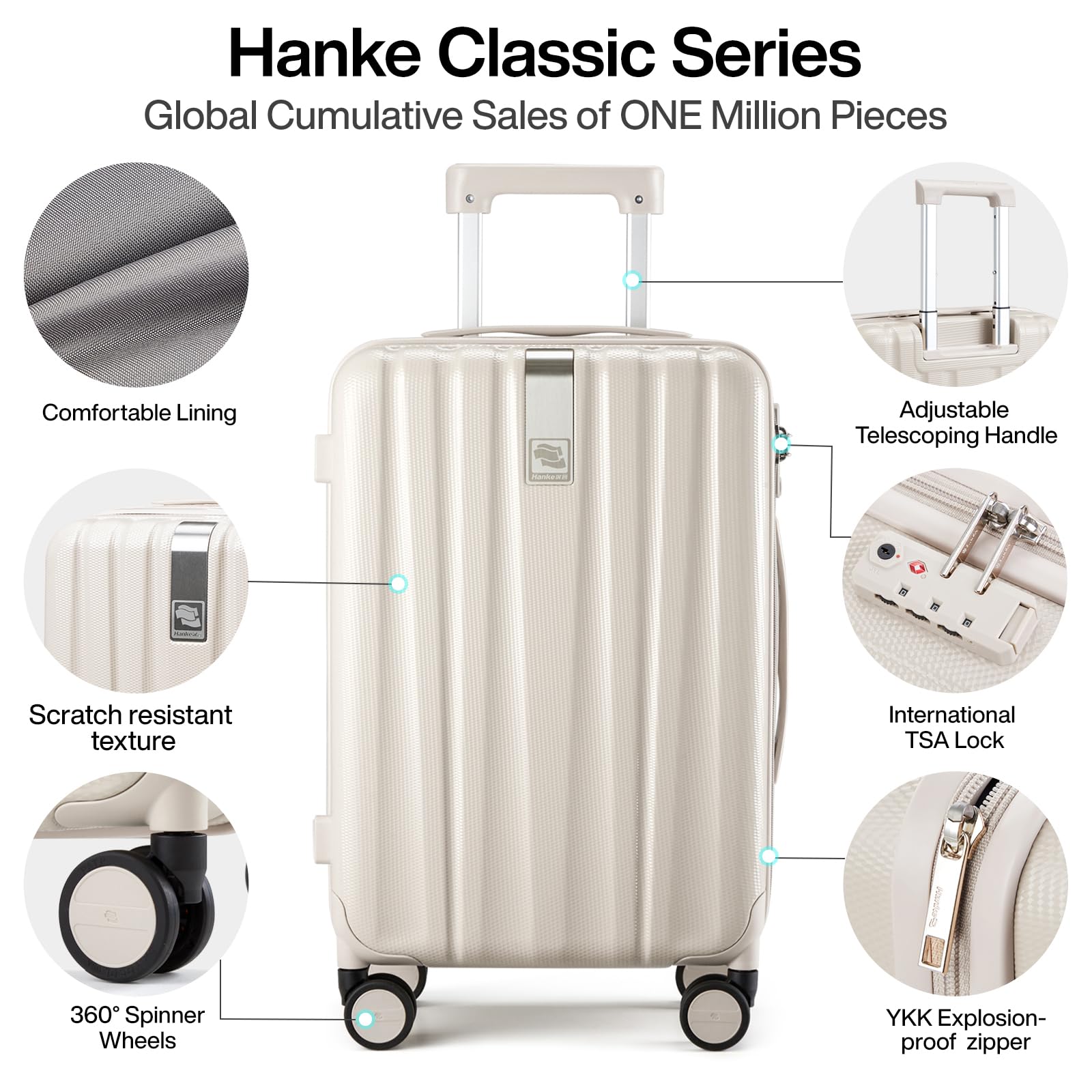 Hanke 20 Inch Carry On Luggage 22x14x9 Airline Approved Lightweight PC Hard Shell Suitcases with Wheels Travel Luggage Rolling Suitcase Travel Luggage Bag Christmas Gifts for Birthday(Ivory White)